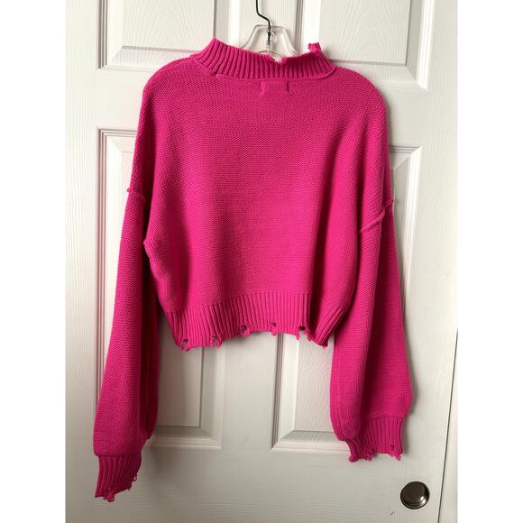 Nyc Knits Sweater Womens L Pink Cropped Distressed Mock Neck Cable Knit Pullover - Picture 2 of 11